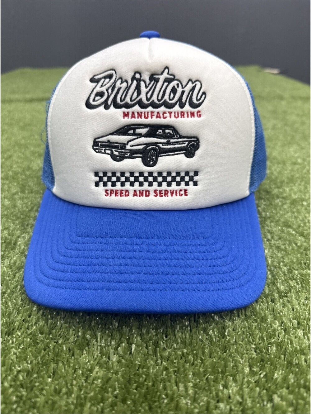 Brixton Manufacturing Racing Snapback Blue Embroidered NetPlus Trucker Hat